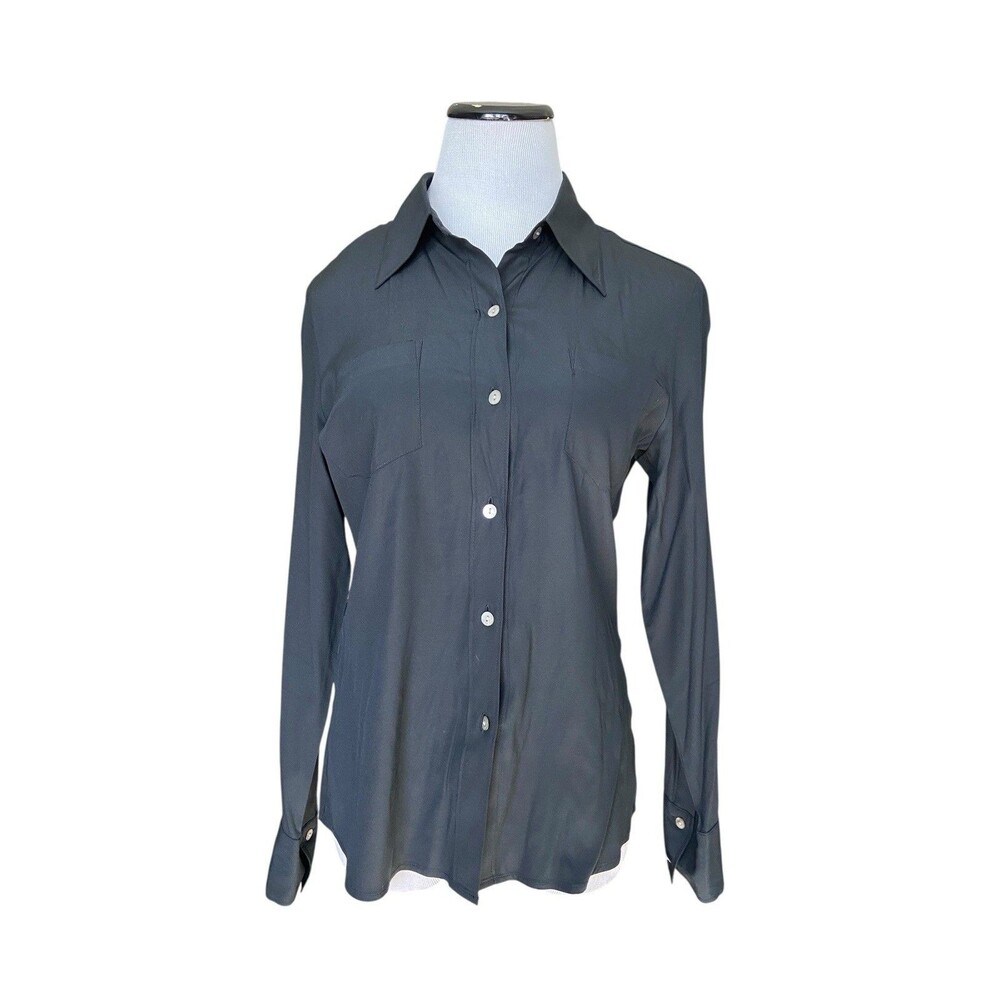Vintage Y2K Express Silk Button Down Shirt Size 7/8 Black Fitted Office Siren - Picture 7 of 11
